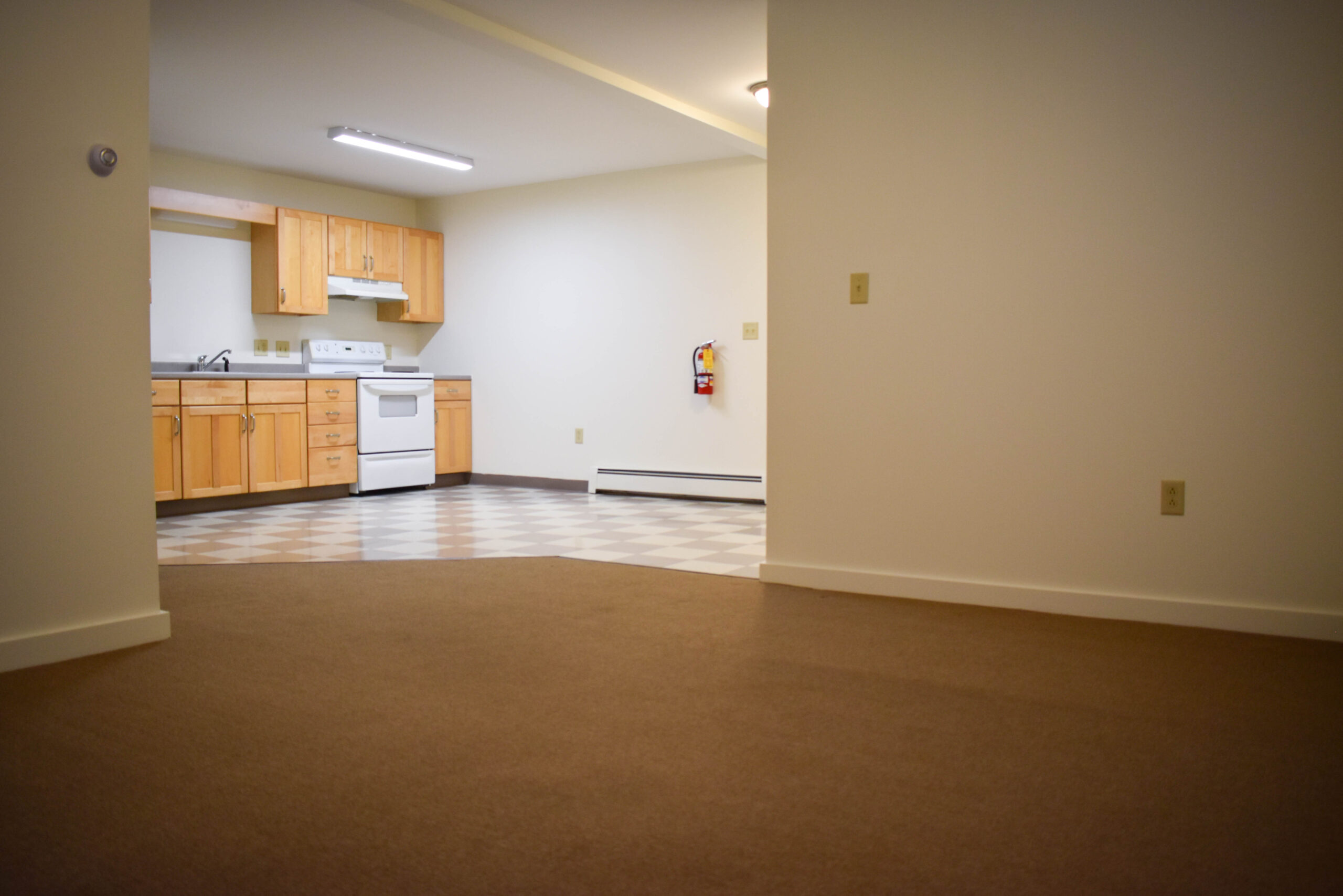 Center Lane apartment interior showing carpeted living room, opening into kitchen, with linoleum checker tile
