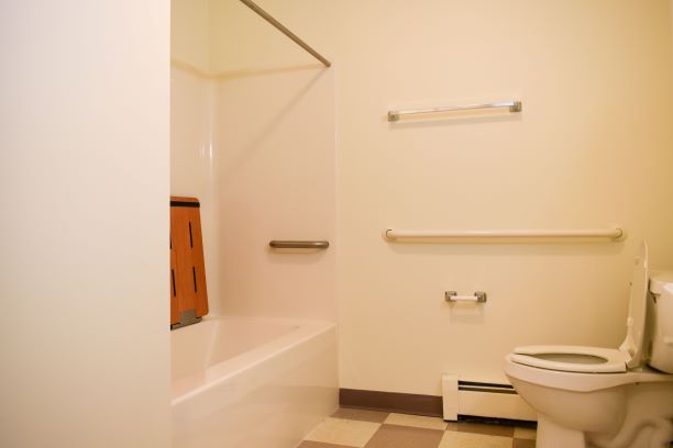 Center Lane unit bathroom, with drop-down seat in shower, and grab bars